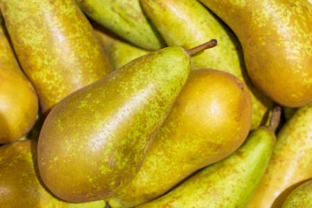 Farm organic pear. Natural vitamins in a retail grocery store. Selective focus with copy space for text.の写真素材