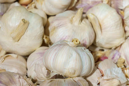 Farm organic garlic. Natural vitamins in a retail grocery store. Selective focus with copy space for...