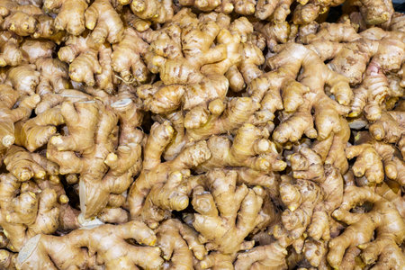 Farm Organic Ginger. Natural vitamins in a retail grocery store. Selective focus with copy space for...