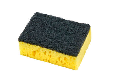 Typical classic sponge for washing dishes made of foam rubber with scrub on a white isolated...