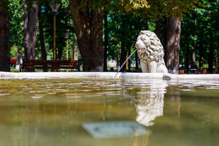 City fountain in the park. Lion as a symbol of protection in ancient architecture. Background with...