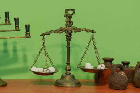 Vintage scales with two bowls with selective focus. Background with copy space for text