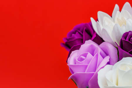 Artificial flowers made from soap. Gift bouquet with selective focus. Congratulations on the...