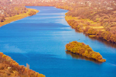 Wide river. Eastern european background with copy space for text or lettering. Ideal for fishing and rafting. View through the eyes of a touristの写真素材