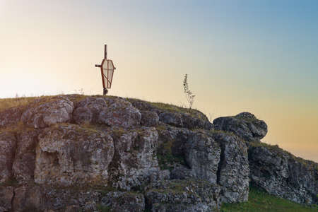 Wild rocky and mountainous nature of Eastern Europe. Landscape background with copy space for text. Selective focus, toned. Coban or Cobani village, welcome to Moldova.の写真素材