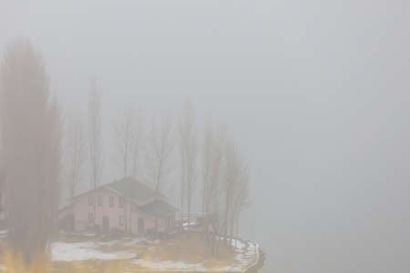 Foggy bank of a river or reservoir in damp cold weather. Background with copy space for textの写真素材