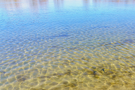 Clear water on the river bank. Background with selective focus and copy space for text.の写真素材