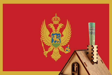 Euro bill in a chimney of a wooden toy symbolic house against the background of the Montenegro flag, copy space for text. Heating conceptの写真素材