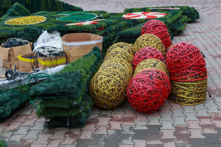 Decor for a street urban Christmas tree. Background with selective focus and copy space for textの写真素材