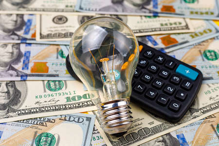 Classic transparent incandescent light bulb on a blurred background of a calculator and dollars, selective focus. The concept of the energy crisis and electricity inflation. Rising electricity pricesの写真素材