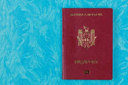 Modern foreign passport of a citizen of the Republic of Moldova. Background with copy space on the left for text.の写真素材