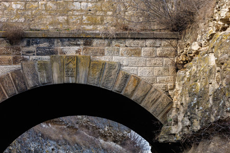 The inscription in Russian 1893, on the railway tunnel in the canyon. Background with copy space for...
