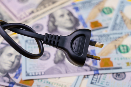 Plug from an electric cord tied in a knot on a blurred background of dollars, selective focus. The concept of the energy crisis and electricity inflation. Rising electricity prices. Copy space.の写真素材