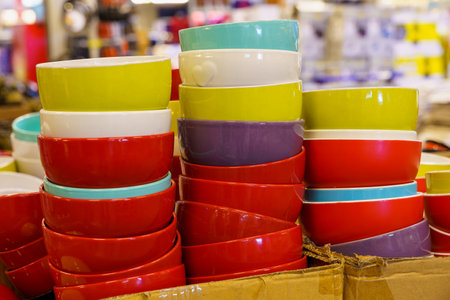 Colored deep plates for first courses. Background with copy space for textの写真素材