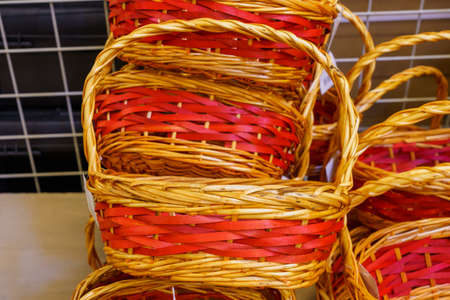 Classic wicker baskets with handles. Background with copy space for textの写真素材