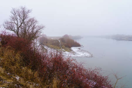 Foggy bank of a river or reservoir in damp cold weather. Background with copy space for text