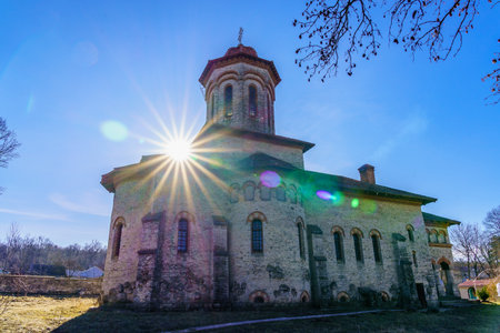 Old stone church. Background with selective focus and copy space for textの写真素材