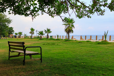 View of the embankment from the public city park. Background with copy spaceの写真素材