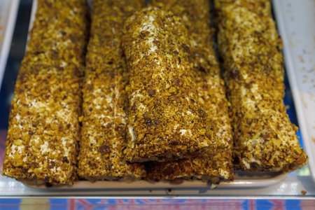 Turkish sweets, selective focus. Background with copy space for text