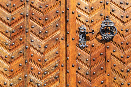 Closed old retro vintage street door close up. Lacquered wood with metal rivets. Background or backdropの写真素材