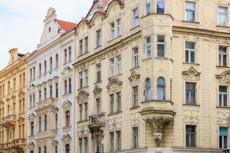Corner of the house of classical European architecture of the old cozy tourist city. Background with selective focus and copy spaceの写真素材