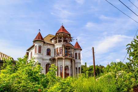 Soroca, Moldova July 4, 2021 district of the Gypsy mountain, luxurious houses of wealthy gypsies. Illustrative editorial. Background with copy spaceのeditorial素材