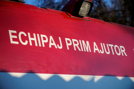 25 2021 Balti Moldova, the inscription on the car FIRST AID CREW rescue service. For editorial...