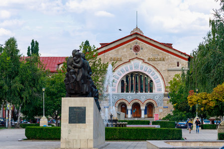 Square in front of the railway station building. August 19, 2021 Chisinau Moldova, for illustrative editorial use. Background with copy space for textのeditorial素材