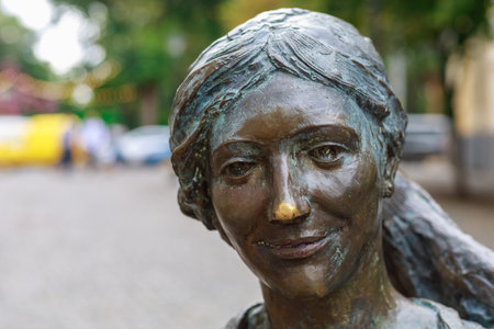 Portrait of a bronze monument in a tourist place. August 26, 2021 Chisinau Moldova, for illustrative editorial use. Background with copy space for textのeditorial素材