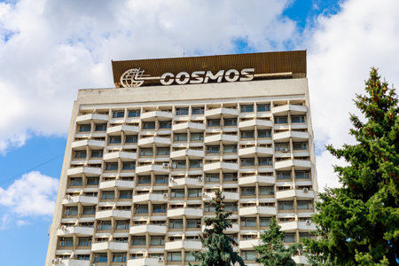 The building of the hotel COSMOS. August 19, 2021 Chisinau Moldova, for illustrative editorial use. Background with copy space for textのeditorial素材
