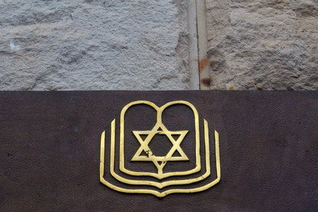 Symbols on the building of the Jewish synagogue. August 26, 2021 Chisinau Moldova, for illustrative editorial use. Background with copy space for textのeditorial素材