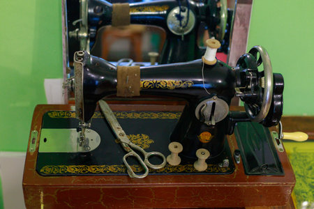 August 11, 2021 Calarasi Moldova vintage sewing machine. For illustrative editorial use. Background with copy space for textのeditorial素材