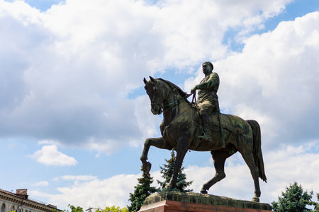 Monument to Kotovsky on horseback. August 19, 2021 Chisinau Moldova, for illustrative editorial use. Background with copy space for textのeditorial素材