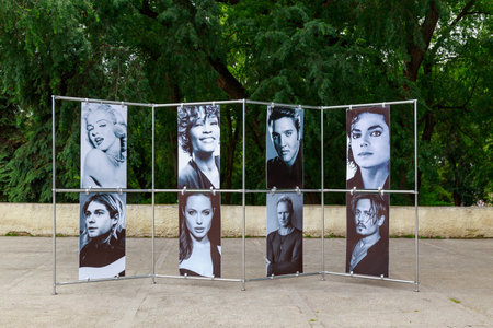 June 26, 2021 Balti Moldova social support for drug addicts, installation with photos of celebrities who confessed about drug problems. For editorial use. Backgroundのeditorial素材