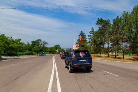 June 26, 2021 Balti Moldova, Column of powerful 4x4 SUVs or off-road vehicles. For editorial illustrative use. Background with copy spaceのeditorial素材