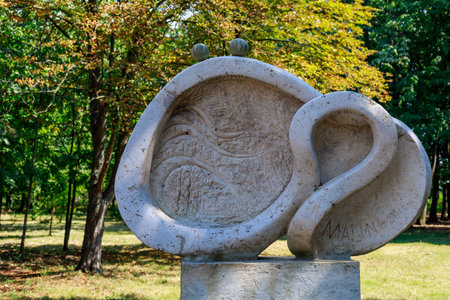August 10, 2021, Ungheni Moldova. Abstract sculptures in the City Central Public Park, a local attraction. For editorial use. Backgroundのeditorial素材