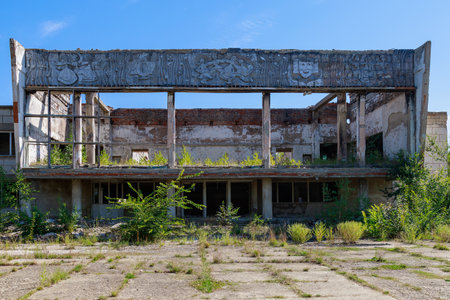September 10, 2021, Frunze Moldova destroyed building of the city municipal palace of culture, ruined ruins of historical heritage. For editorial use. Background.のeditorial素材