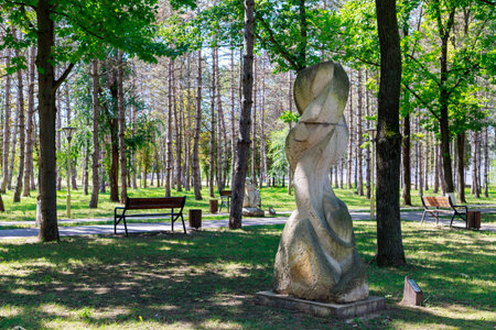 August 10, 2021, Ungheni Moldova. Abstract sculptures in the City Central Public Park, a local attraction. For editorial use. Backgroundのeditorial素材