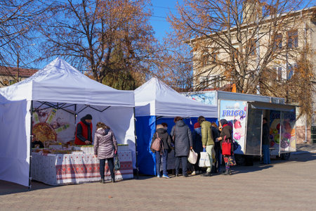 Street city fair. November 11, 2021 Balti Moldova. For editorial illustrative use. Background with copy space for textのeditorial素材
