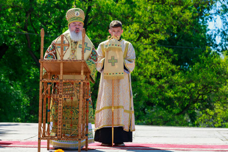 May 22, 2021 Balti Moldova priests hold a religious service on the city street. For editorial use....
