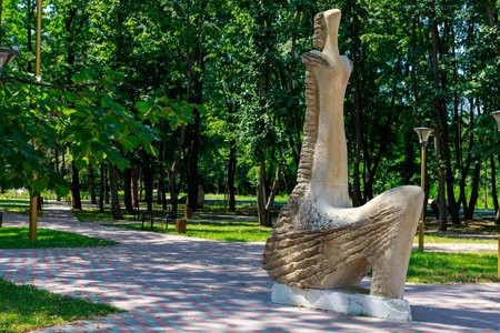 August 10, 2021, Ungheni Moldova. Abstract sculptures in the City Central Public Park, a local attraction. For editorial use. Backgroundのeditorial素材