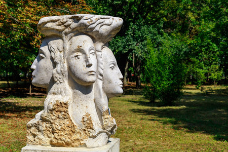 August 10, 2021, Ungheni Moldova. Abstract sculptures in the City Central Public Park, a local attraction. For editorial use. Backgroundのeditorial素材