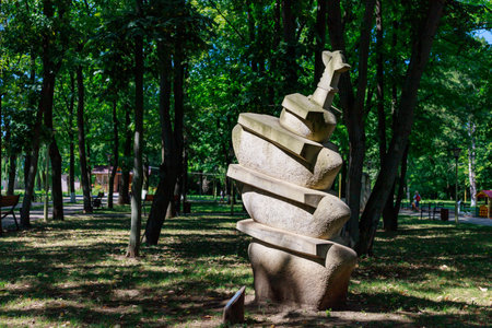 August 10, 2021, Ungheni Moldova. Abstract sculptures in the City Central Public Park, a local attraction. For editorial use. Backgroundのeditorial素材