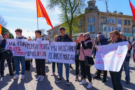 April 15, 2022 Balti Moldova, Protest against the ban on the St. George ribbon. Protesters with placards. Illustrative editorial backgroundのeditorial素材