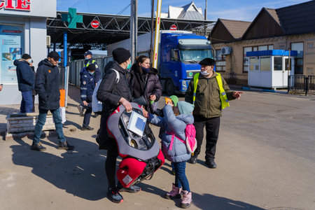 February 25, 2022 Otachi Moldova. Refugees from Ukraine on the Moldovan pedestrian border. For editorial useのeditorial素材