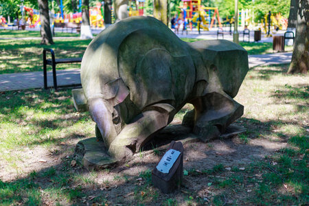 August 10, 2021, Ungheni Moldova. Abstract sculptures in the City Central Public Park, a local attraction. For editorial use. Backgroundのeditorial素材