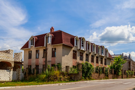 Soroca, Moldova July 4, 2021 district of the Gypsy mountain, luxurious houses of wealthy gypsies. Illustrative editorial. Background with copy spaceのeditorial素材