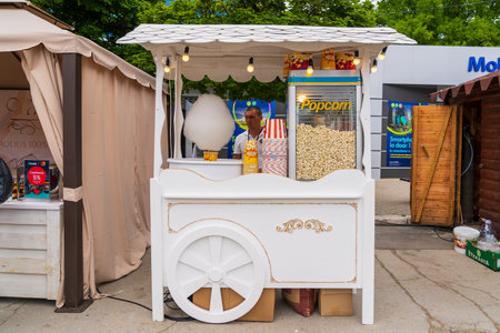 Popcorn stall at a street food festival. June 25, 2022 Balti Moldova. Illustrative editorialのeditorial素材