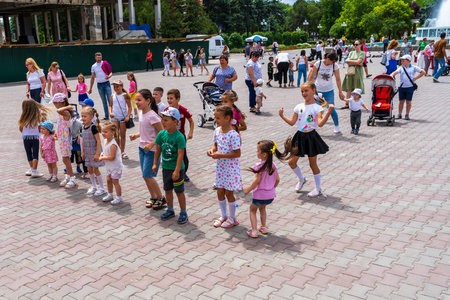 Animators entertain children at a street festival. June 25, 2022 Balti Moldova. Illustrative editorialのeditorial素材