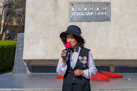 April 15, 2022 Balti Moldova, Protest against the ban on the St. George ribbon. Protesting pensioners. Illustrative editorial backgroundのeditorial素材